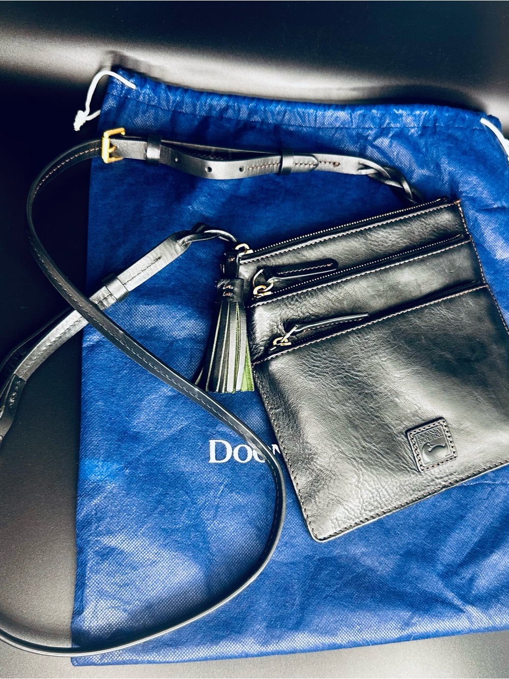 Dooney & Bourke Black Florentine Leather Crossbody Bag with Tassel